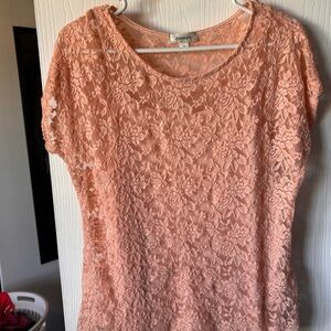 dressbarn Peach Floral Lace Short Sleeve Blouse